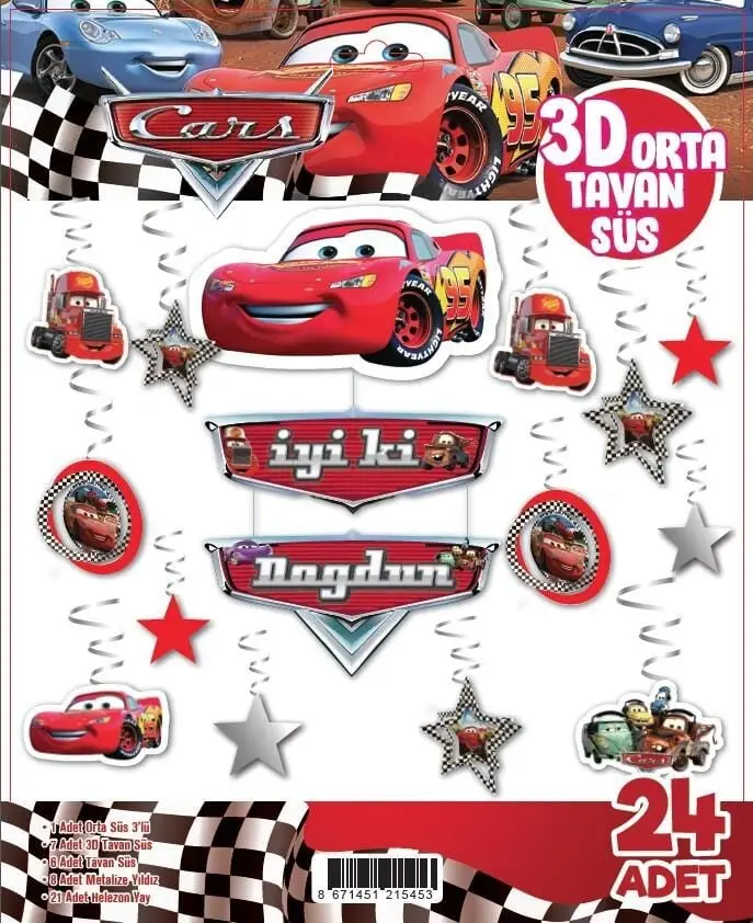 3D TAVAN SÜS 24 LÜ CARS - Toptan Parti Malzemesi