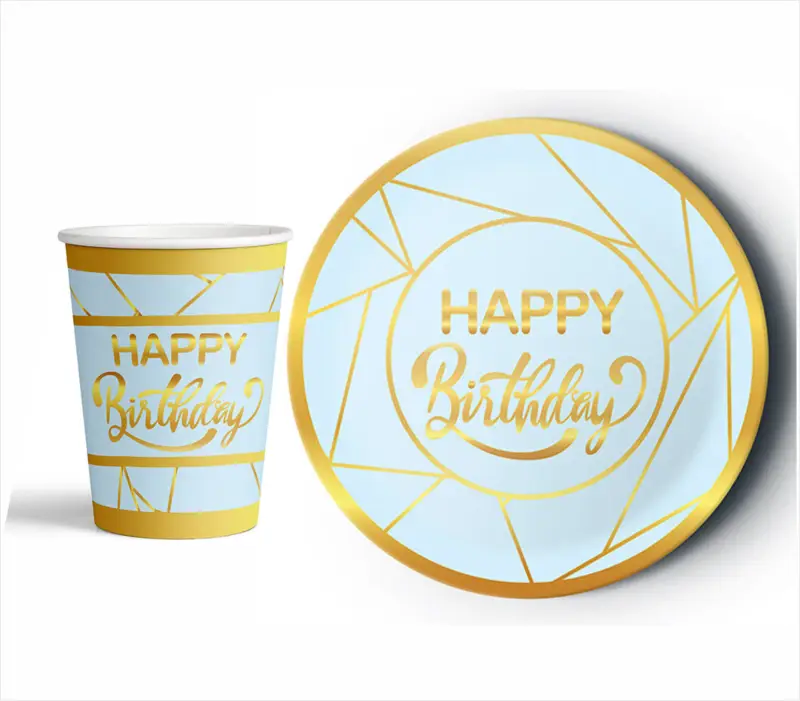 8'Lİ KARTON TABAK BARDAK GOLD YALDIZLI HAPPY MAVİ toptan parti malzemesi