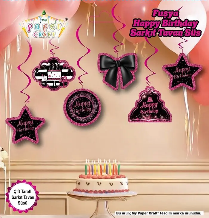 6'LI TAVAN SÜS FUŞYA HAPPY BIRTHDAY - Toptan Parti Malzemesi