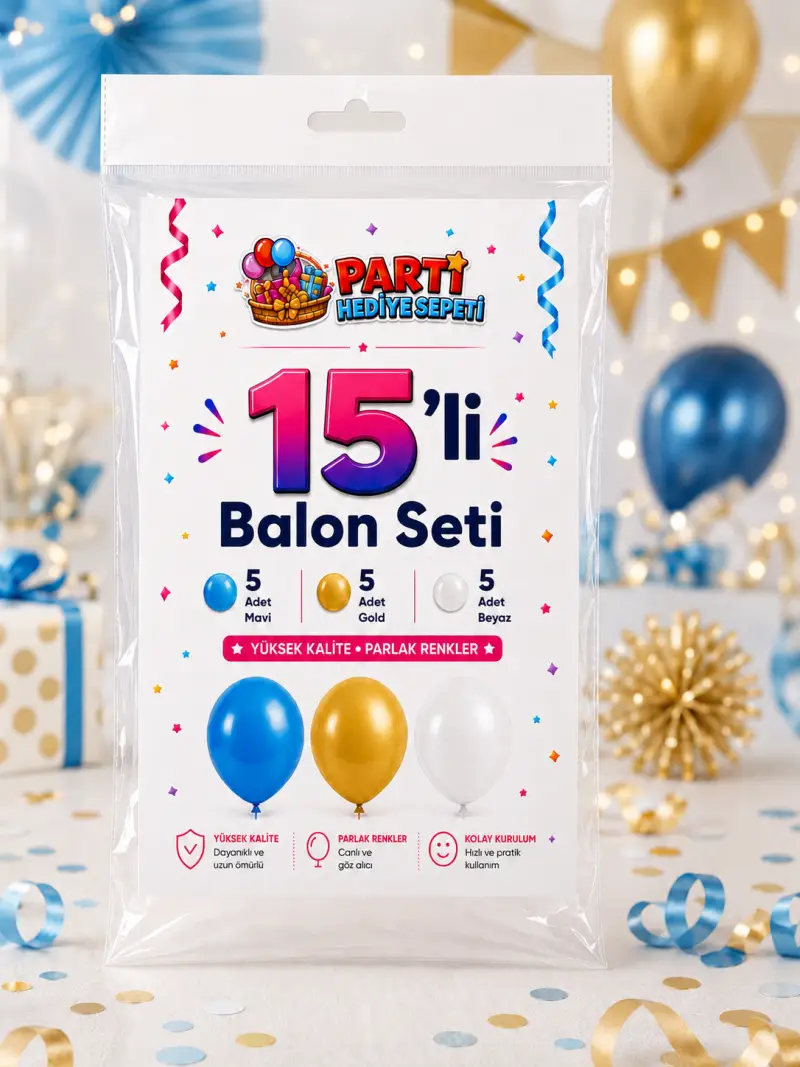 Mavi Gold Beyaz Balon Seti (15 Adet) - Toptan Parti Malzemesi