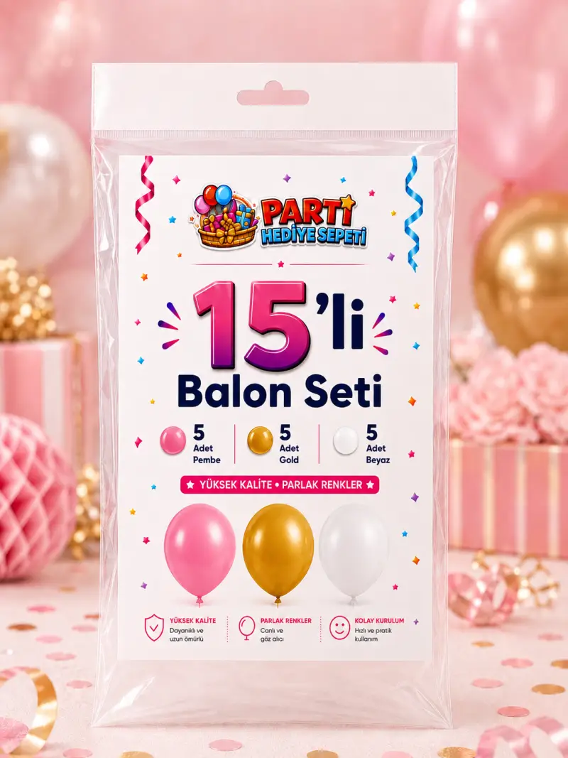 Pembe Gold Beyaz Balon Seti (15 Adet) - Toptan Parti Malzemesi