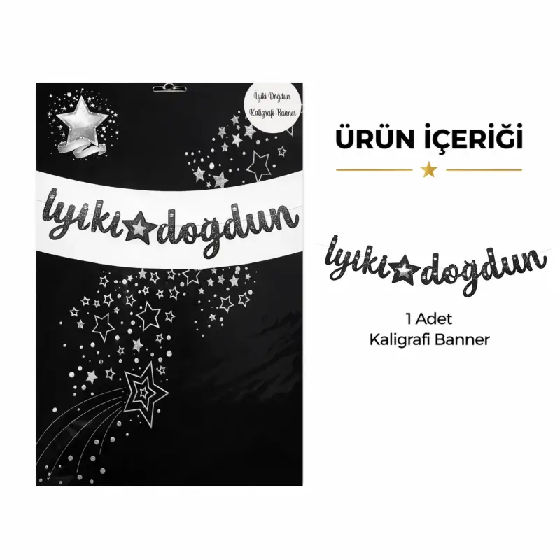 İyi Ki Doğdun Yıldızlı Kaligrafi Banner Siyah/Beyaz