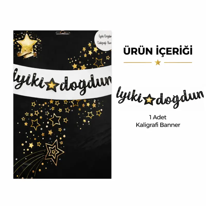 İyi Ki Doğdun Yıldızlı Kaligrafi Banner Siyah/Gold
