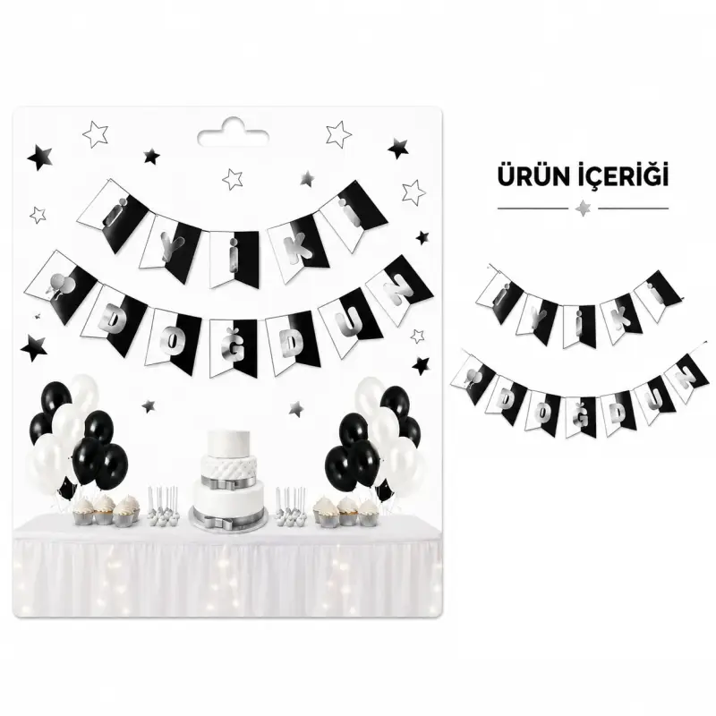 İyi ki Doğdun Zikzak Banner Siyah Beyaz